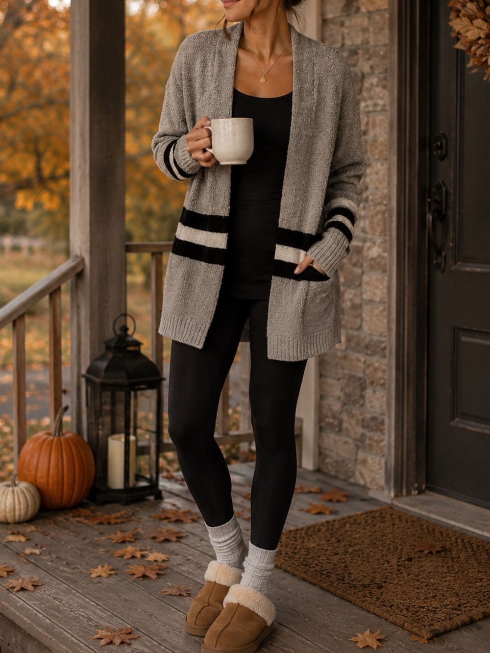 Cozy Open-Front Striped Cardigan in Gray, Black & White Below Knee Calf